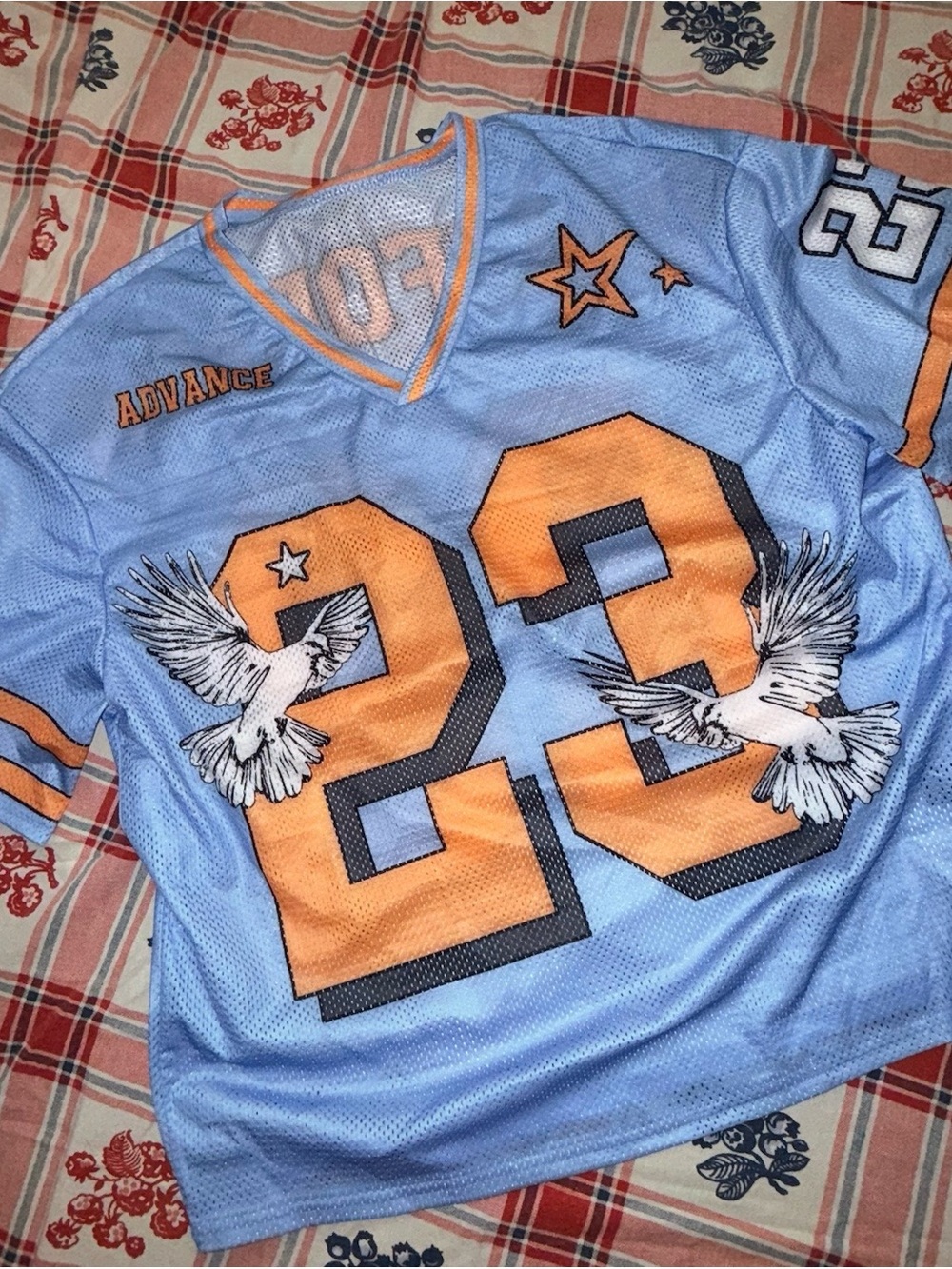 SHEIN California Light Blue & Orange Mesh Jersey Top with Dove Graphic